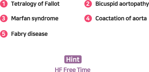 1. Tetralogy of Fallot 2. Bicuspid aortopathy 3. Marfan syndrome 4. Coactation of aorta 5. Fabry disease