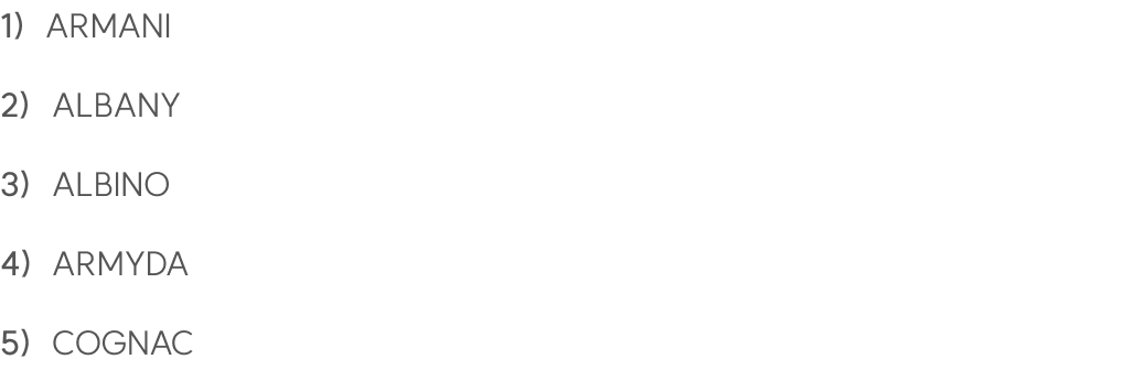 (1) ARMANI (2) ALBANY (3) ALBINO (4) ARMYDA (5) COGNAC